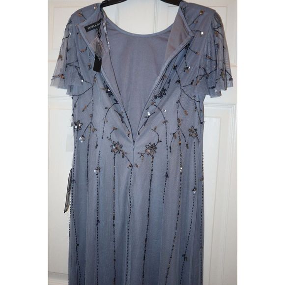Papell Studio Women's Sz 10 Dusty Blue Flutter-Sleeve Embellished Long Gown $179 - Picture 8 of 11